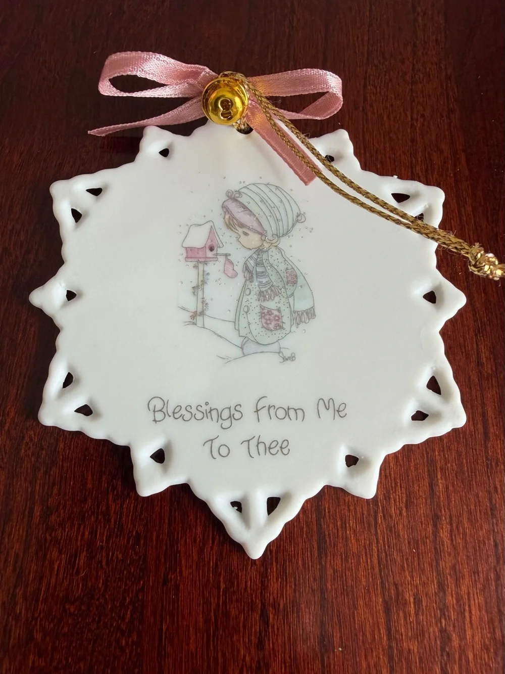 Vintage 1990 Precious Moments Enesco 4Pc Porcelain Snowflake Christmas Ornaments